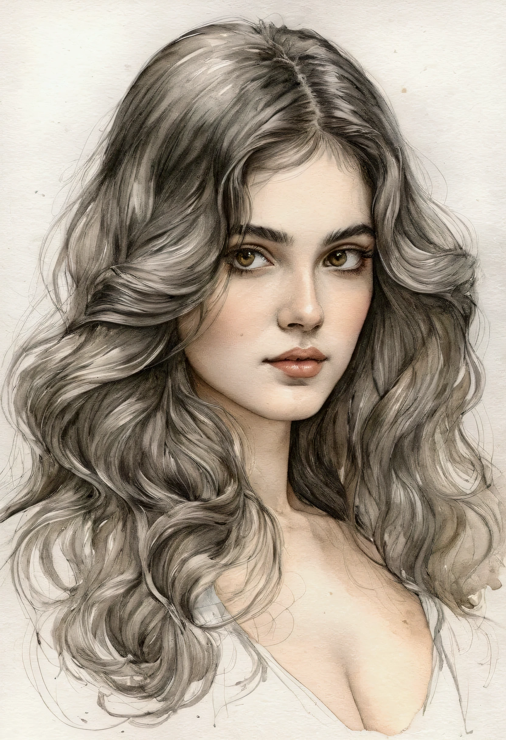 A delicate watercolor drawing depicting a naked Persian. Her elegant features are rendered with subtle shading and precise lines, emphasizing her almond-shaped eyes and intricate, The drawing captures her poised posture, . Her long, flowing hair is styled in soft, elaborate waves, 