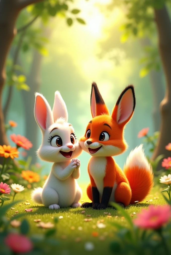 Create a Pixar-style image of a rabbit and a fox 