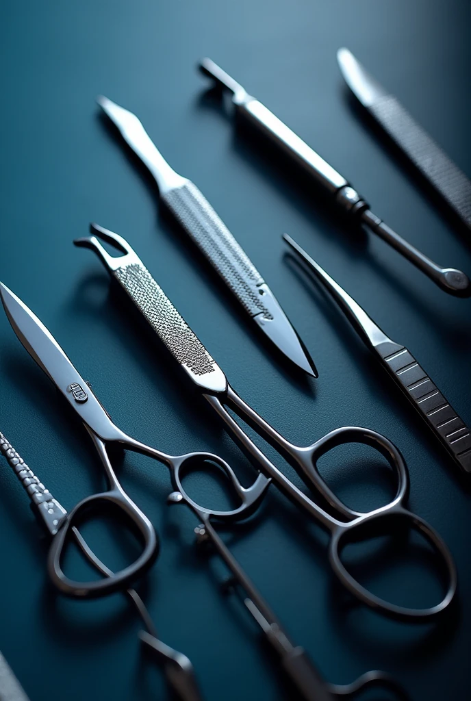 Multiple cutting tools. Place 2 large cuticle nippers, 1 small scissors, some spatulas, knives, scalpel etc. Clean and abstract image background with dark colors, preferably blue and gray. Chromed and clean tools. Diagonal overhead view
