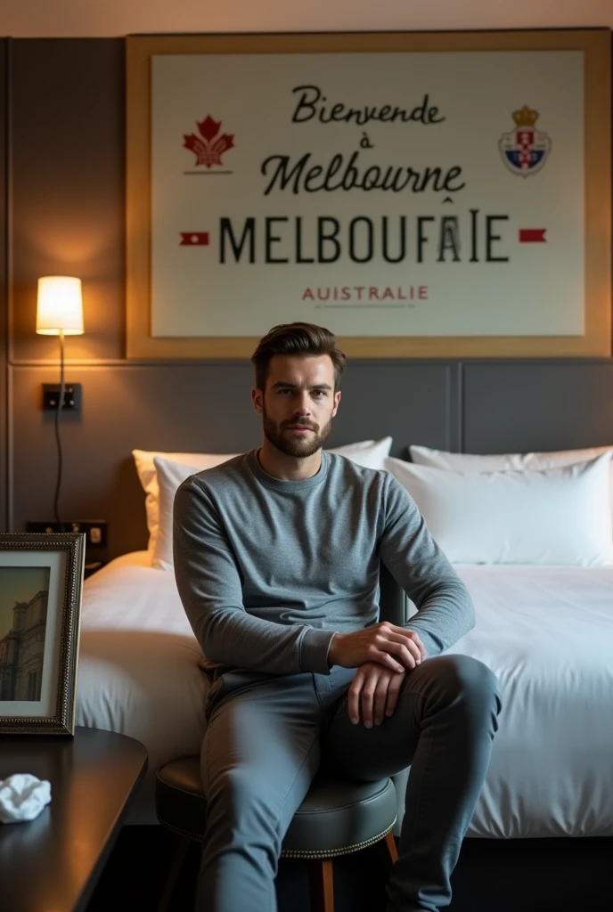 Homme caucasien grand de taille, charmant, un peu costaud, habillé en pantalon et tee-shirt manche longue, assis ou adossé sur une table dans une grande chambre d'hôtel et sur la table sur laquelle est assis ou adossé le charmant homme il faut qu'il y ait un papier mouchoir déjà utilisé sur la table et sur le lit de l'hôtel qu'il soit déposer un cadre photo grand ou moyen qu'il est possible de faire arrêter sur le lit et faire face à la caméra et sur le mur du chevet du lit un tableau sur lequel il est écrit en français : Bienvenue à Melbourne AUSTRALIE et autour de la phrase qu'il y ait les emblèmes du Canada Québec ou le drapeau du Canada Québec