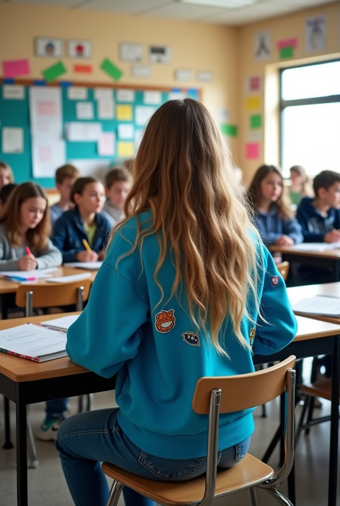 A female middle school student in a classroom with her back to us.