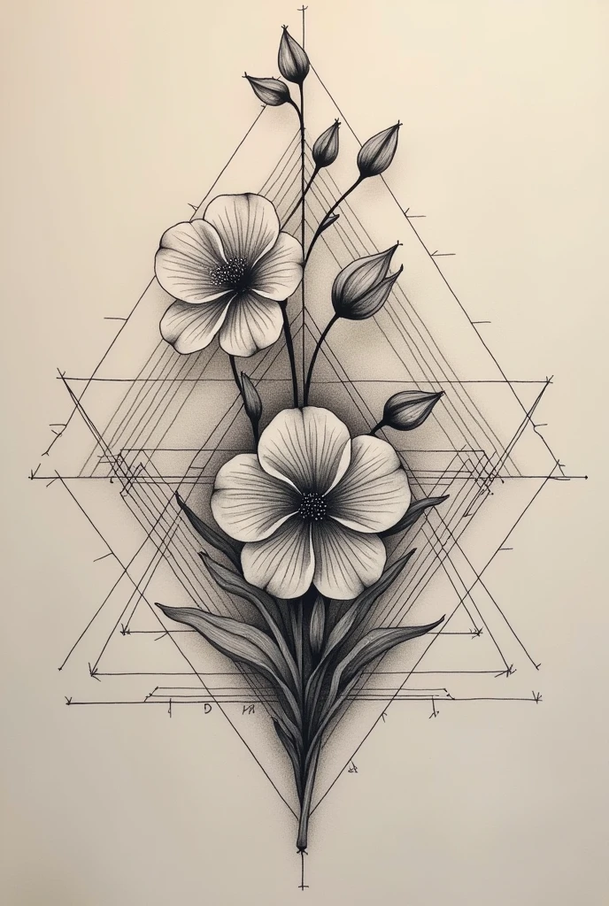 pointillism and geometry, tattoo design for women in black to cover a mathematical equation, flower, containing lines