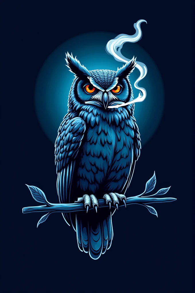 Create a soccer team logo with an owl smoking marijuana in blue and black colors
