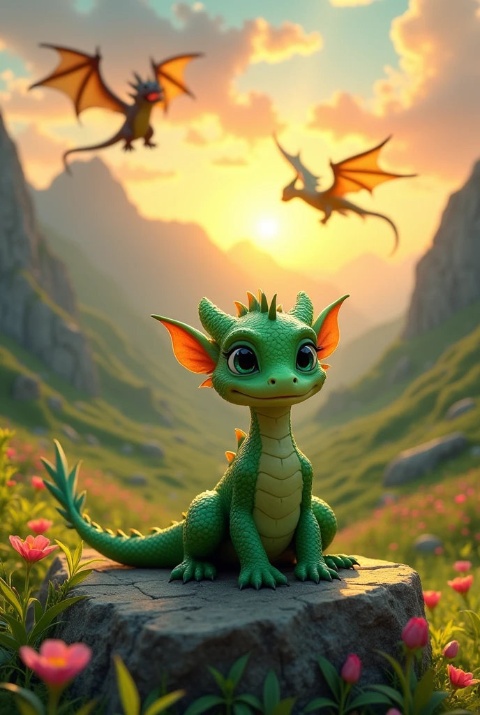 A small dragon crying while watching other dragons play 
