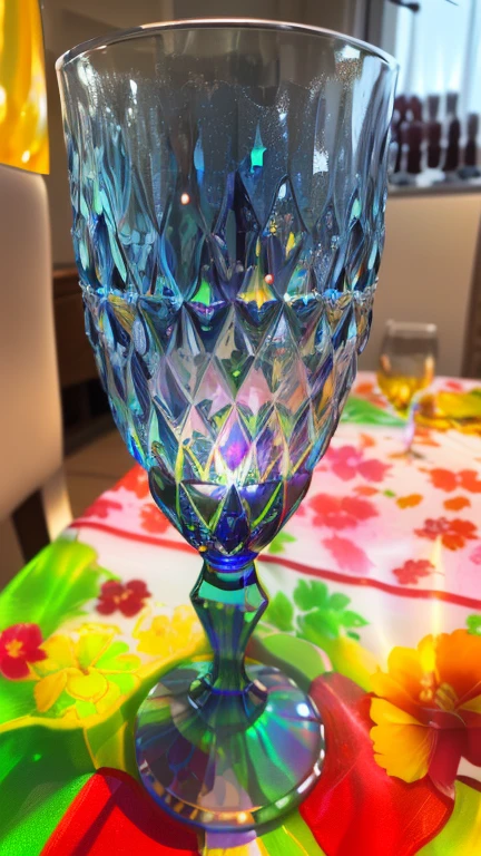 There is a glass on a table with a colorful tablecloth., glass tableware, colored glass art, Wine glass, surreal glass goblets, iridescent glass, Wine glass, beautiful glass work, iced tea glass, DSLR photo of a vase on a table, high angle close-up, translucent glass shine, tall iced tea glass, glassware