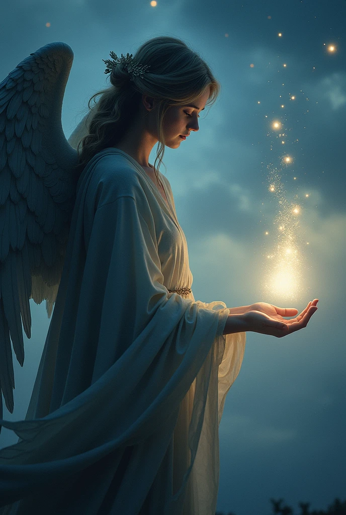 A solemn angel cloaked in shadow, with a gentle hand reaching out to a departing soul, surrounded by a serene aura."