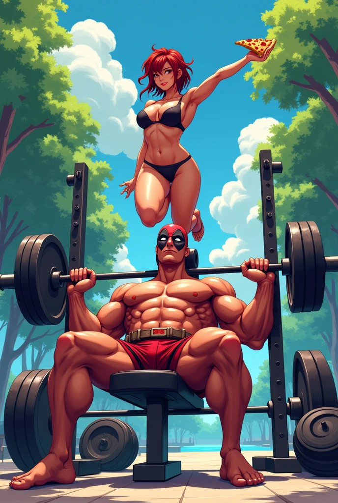  (work of art:1.2), high qualiy, high resolution, Anime-style illustration, very detailed, with vibrant coloring and high contrast. No fundo, a female version of Deadpool, conhecida como "Lady Pool," is sitting balanced on the small central space of a bench press bar mounted with weights. Your body is partially turned, with the back very visible, and his legs slightly elevated, sticks on the bar, highlighting the muscles of the back and thighs. She wears a swimsuit that highlights her curves and perfect proportions., with one eye covered by the fringe and a subtle smile on his face.

in the spotlight, ahead, there is an impressive bodybuilder sitting on the bench press. He is in a typical resting pose after a training series, with his right hand resting on his thigh and the other lower down. His shoulders are immense, and his arms are full of visible veins and muscles, showing the strength and worked physique. Curiosamente, he has a slice of pizza resting on his shoulder, adding a touch of humor to the scene. The surrounding environment suggests an outdoor training space, with the combination of precise details in the characters and the scenery, all in a modern and vibrant anime style.