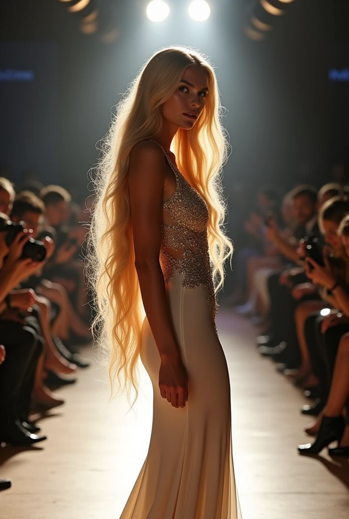 Create a model, tall woman with blond hair 
