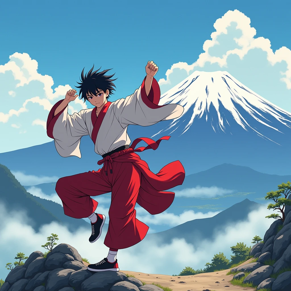 Image bboy Japanese with clothes red and white dancing in Japan in mountain Fuji head spin Staley anime