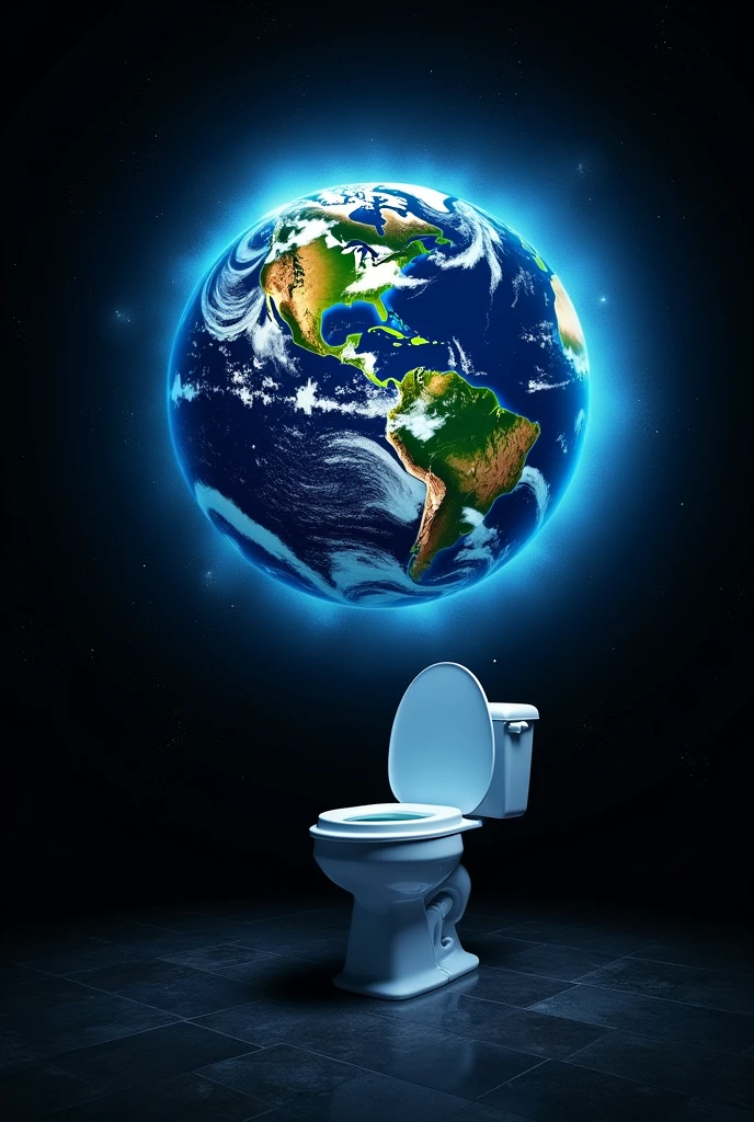 Earth planet with black background, with Earth's exosphere shining around it like a bright blue shadow with a toilet in the center of the image 