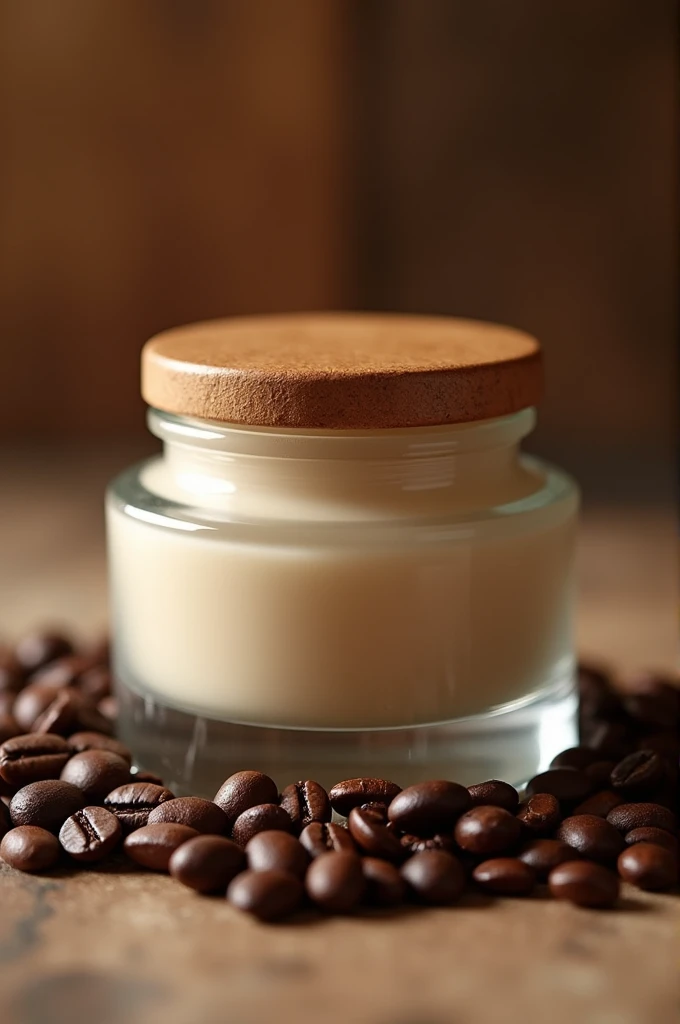 Coffee-based exfoliating cream jar. At the foot of the jar that has coffee beans