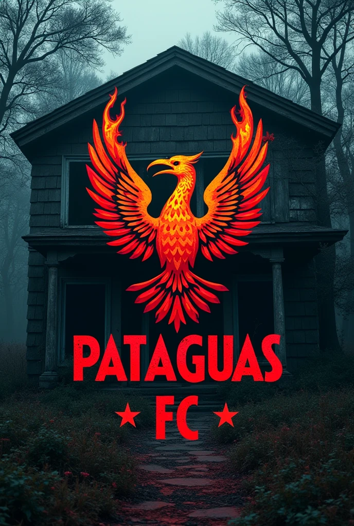 Manchester City logo but with a phoenix and the words Pataguas FC written in red and black. Also add an abandoned house like the one from the Pataguas de Rengo
