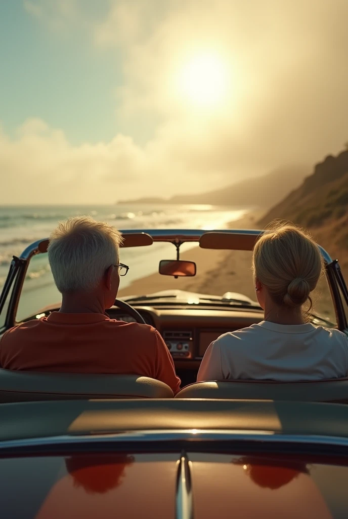 Mysterous fog ‘Car photography, RAW photo, featuring a mature man and woman in a vintage American convertible. The scene is cinematic, capturing a drive along the coast with a stunning view of the sandy beach. The aesthetic is dramatic and dynamic, with a surprising perspective that adds an unexpected twist to the shot.