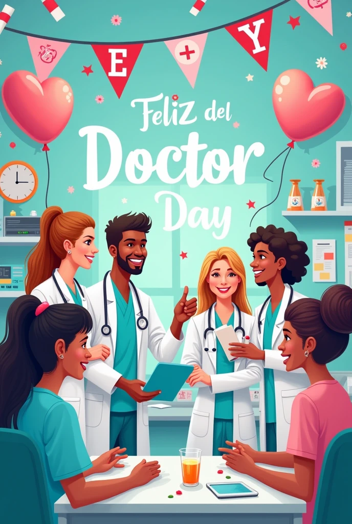 I need an image about Doctor's Day in Spanish with mixed race people and people of all races. cartoon