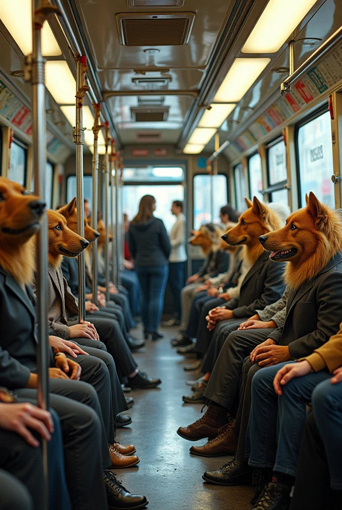 Men in bus looking at women. Men have dog face and human body