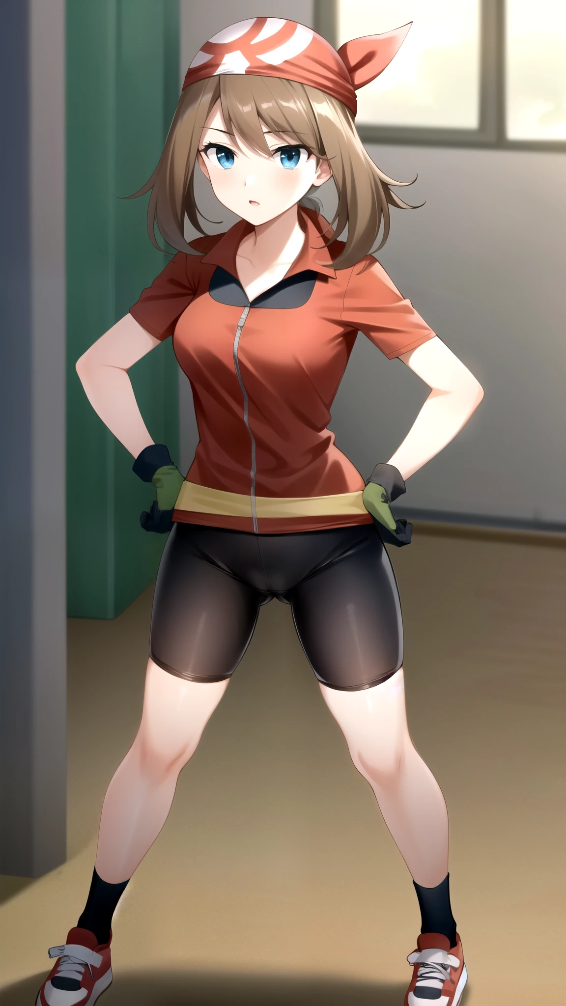 8k,Super Detailed Game CG, (High resolution:1.1),(absurdes:1.1), highest quality, 超High resolution, highest resolution, very detailed, One person, May, shirt, bike Shorts, bandana, red shirt, hair band, Medium Hair, gloves, Shorts, bow hair band, No sleeve, red bandana
hands on hips, (pussy line),