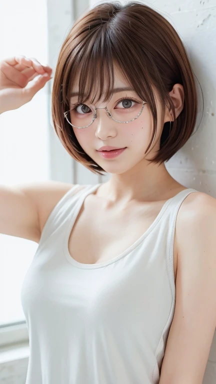 (Bob Cut Hair:1.2),(Wearing a white tank top:1.8),1 person,Japanese,21 years old,(Small breasts:1.3),(Highest quality,masterpiece:1.3,Ultra-high resolution,),(Very detailedな,Caustics),(Realistic:1.4,RAW shooting,)Ultra-Realistic Capture,Very detailed,High resolution 16K human skin closeup。 Natural skin texture、,pores、、It needs to be detailed enough to be easily identifiable。 Skin tone is even and healthy looking。 Use natural light and color, Happy expression, Looking into the camera, Perfect dynamic composition, Outdoor、Cleavage、sheer、Earrings、Leaning against the wall、Raise your hand、Armpits、freckles、(Round Glasses)、Tying up hair、amount、Show your forehead