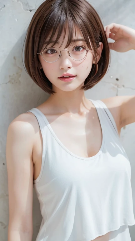 (Bob Cut Hair:1.2),(Wearing a white tank top:1.8),1 person,Japanese,21 years old,(Small breasts:1.3),(Highest quality,masterpiece:1.3,Ultra-high resolution,),(Very detailedな,Caustics),(Realistic:1.4,RAW shooting,)Ultra-Realistic Capture,Very detailed,High resolution 16K human skin closeup。 Natural skin texture、,pores、、It needs to be detailed enough to be easily identifiable。 Skin tone is even and healthy looking。 Use natural light and color, Happy expression, Looking into the camera, Perfect dynamic composition, Outdoor、Cleavage、sheer、Earrings、Leaning against the wall、Raise your hand、Armpits、freckles、(Round Glasses)、Tying up hair、amount、Show your forehead