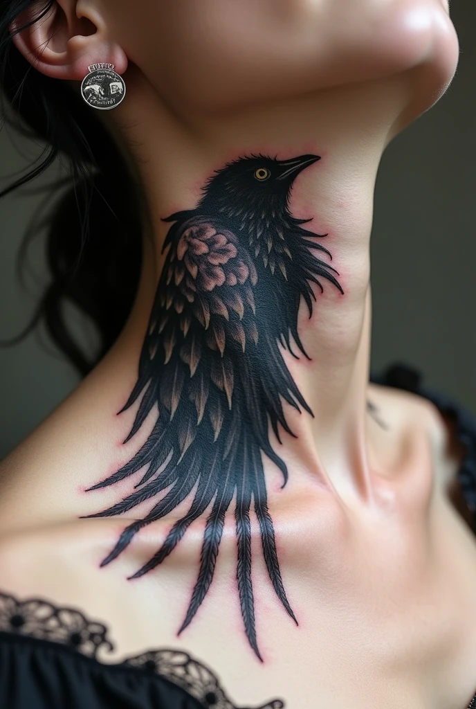 A neck tattoo in gothic blackwork on the right side, of a sick wing that's losing his feathers and showing skin, with feathers that's falling from the wing