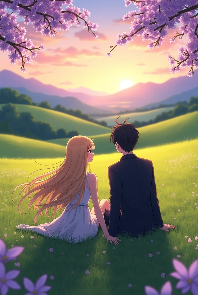 Create an image of a female anime character with blonde hair sitting on the grass next to a male character with black hair, seen from the back, with purple flowers around and with a beautiful landscape around