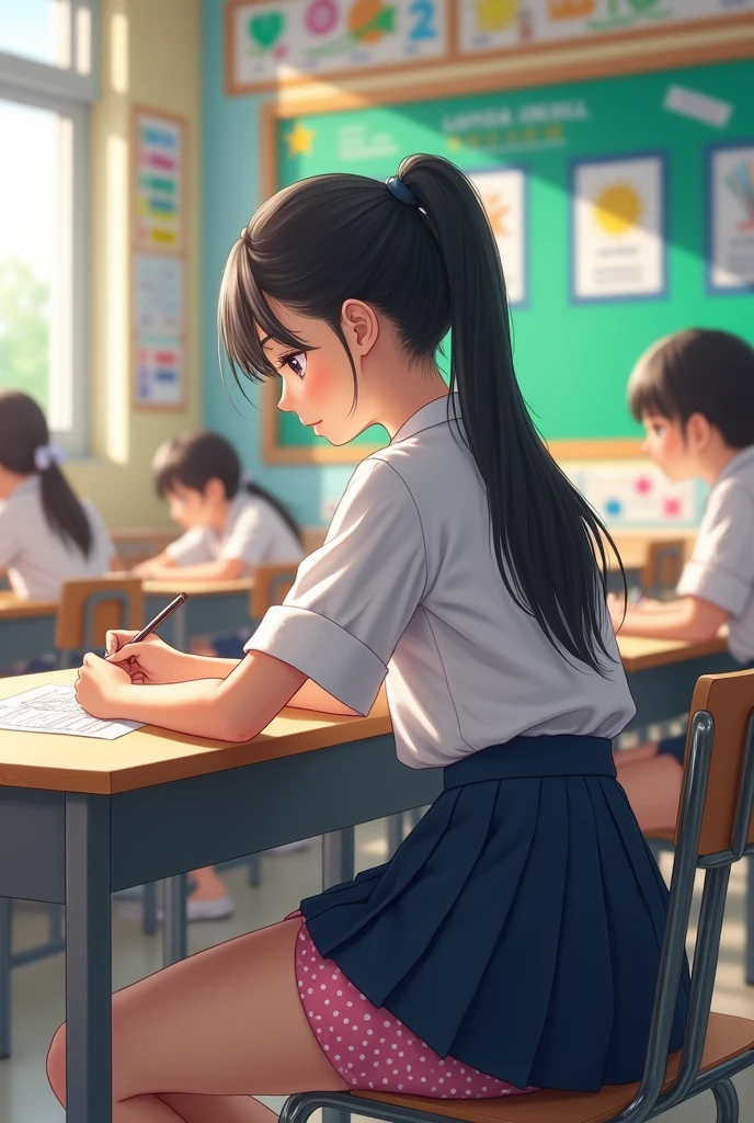 A female junior high school student in a classroom with her butt facing the camera and her underwear showing