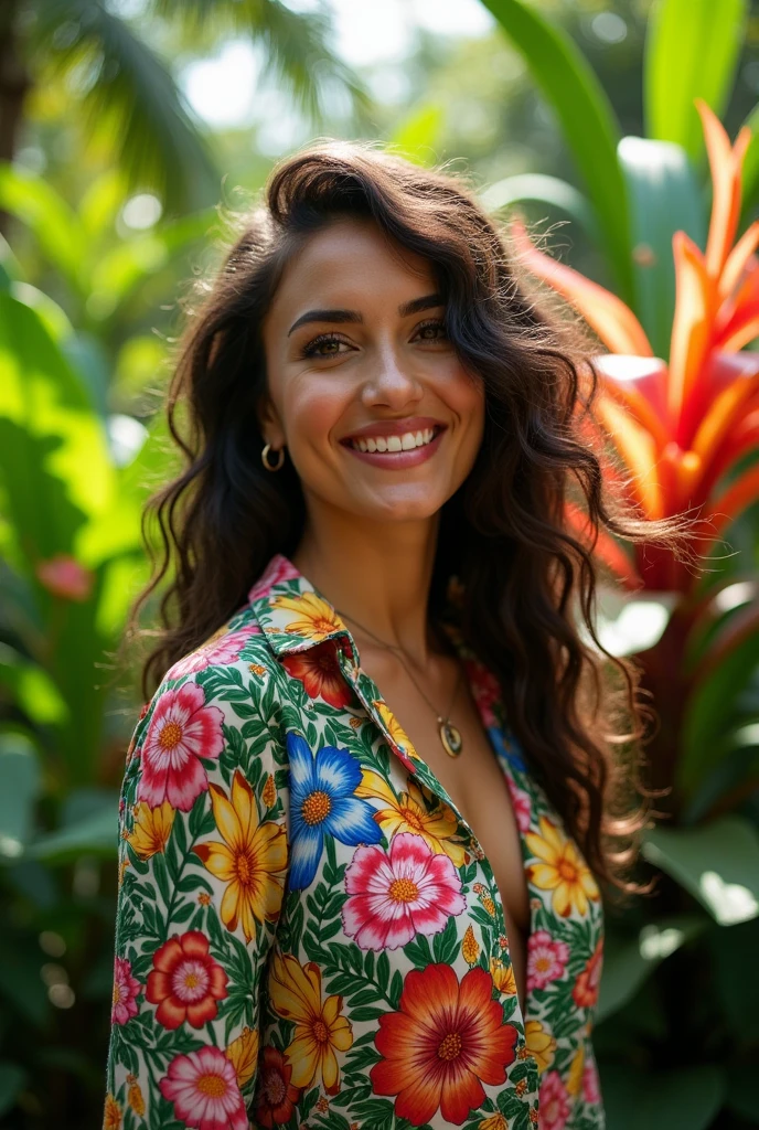 A Brazilian woman in a lush tropical garden, wearing an open shirt with a floral print, with a close-up capturing the harmonious beauty between her breasts and the natural flowers, showing off your natural charm and outgoing personality.