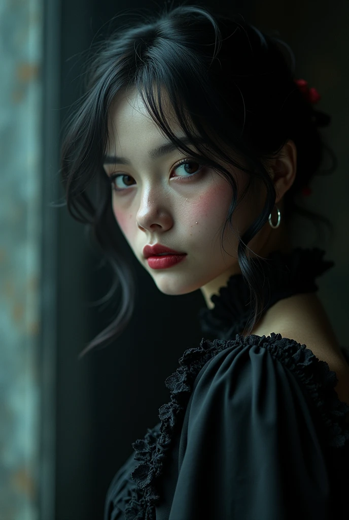close up of a woman Wednesday Addams, dreamy gothic girl, vampyre, elegant render, face picture, mistress, photoshop rendering, ebony rococo, elegant girl, female spy, haunting a beautiful young woman, Lugar sombrio,face detailed, extravagant dress, pretty girl, very feminine, dark mist atmosphere, ambient dust,estilo wallpapper,sweaty face,detailed pores,merely elegant