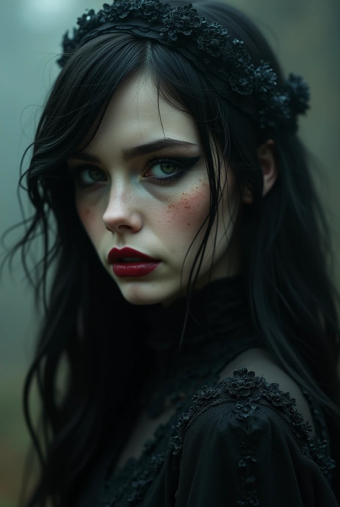 close up of a woman Wednesday Addams, dreamy gothic girl, vampyre, elegant render, face picture, mistress, photoshop rendering, ebony rococo, elegant girl, female spy, haunting a beautiful young woman, Lugar sombrio,face detailed, extravagant dress, pretty girl, very feminine, dark mist atmosphere, ambient dust,estilo wallpapper,sweaty face,detailed pores,merely elegant