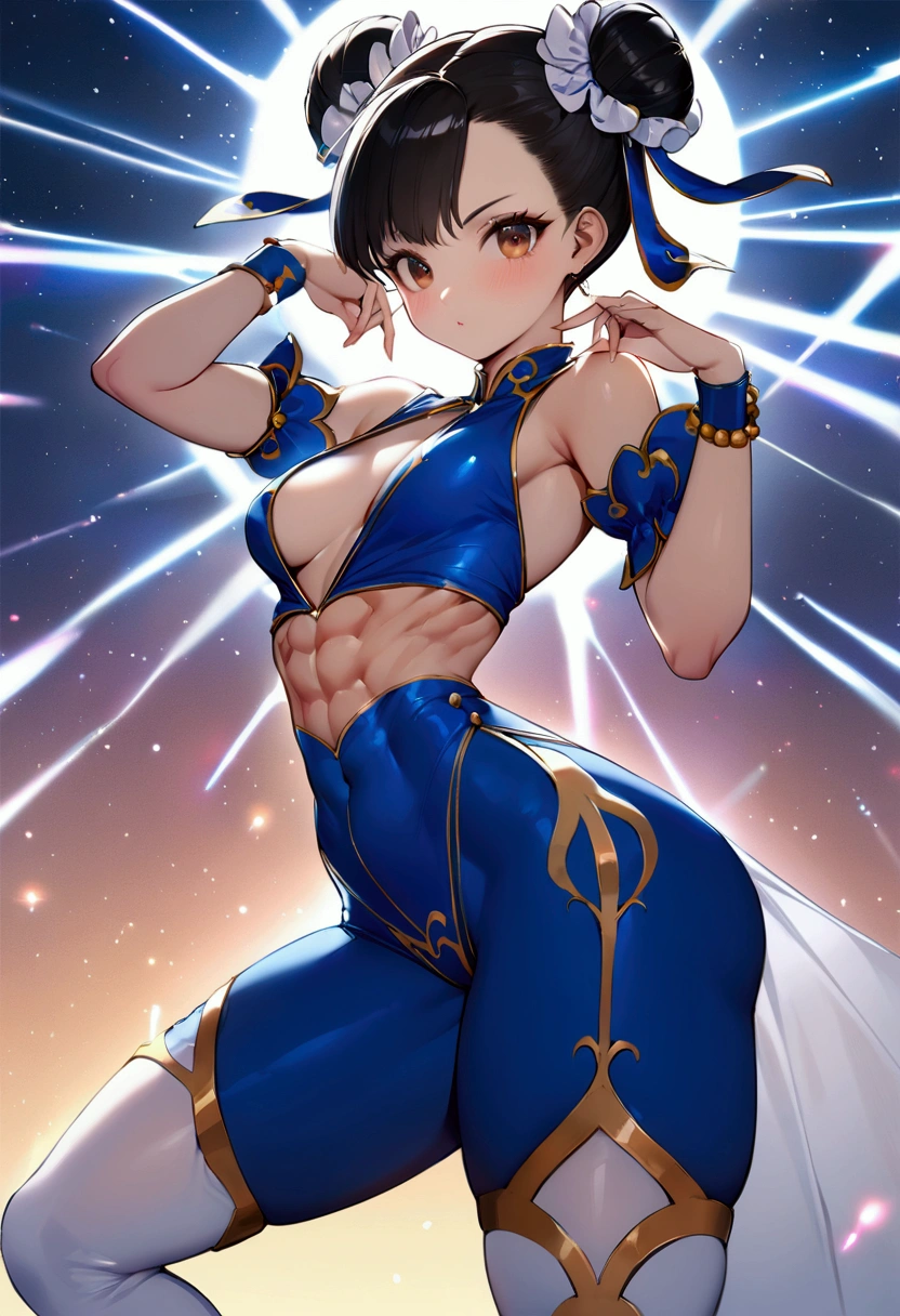 white cloth on abs, blue pants, white boots, cute, beautiful, best Quality, high resolution, epic lights, Chun Li, hair buns, black hair, hair ornament, thighs, bracelets (1;1) solo, ultra high quality, good drawing quality, very detailed body,, perfect hands, perfect chest, perfect face, chun li, hair buns, black hair, hair ornament, thighs, bracelets, chun li, hair buns, black hair, hair ornament, thighs, bracelets