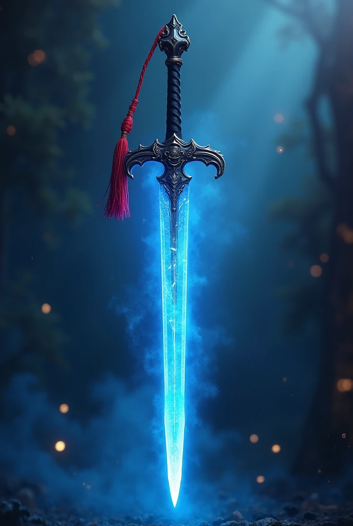 ((((magic sword with red tassel on the tip of handle)))), blue aura on blade, 4k, 8k, HD, high definition, magic, mana, black handle, short handle