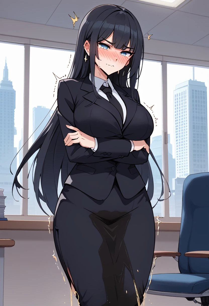 1girl, woman, (wetting self:1.75), desperation, (very long hair:1.5), straight hair, very long bangs, huge breasts, black hair, blue eyes, (black business suit:1.5), necktie, pencil skirt, pantyhose, (blushing:1.5), aroused, orgasm, smirk, wavy mouth, (tears:1.25), (trembling:1.5), (arms crossed:1.5), indoors, office, window, cityscape