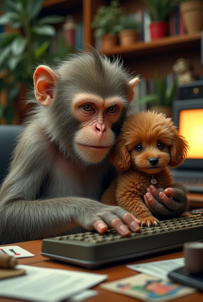 older monkey with a grumpy face sitting at a computer holding a brown maltipoo puppy in his arms