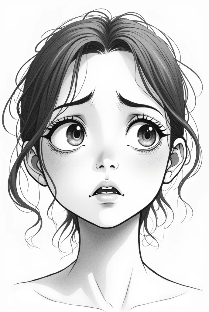 Black and white line drawing ****Close up (Close-up):** Mint lowered her head slightly, looking worried.