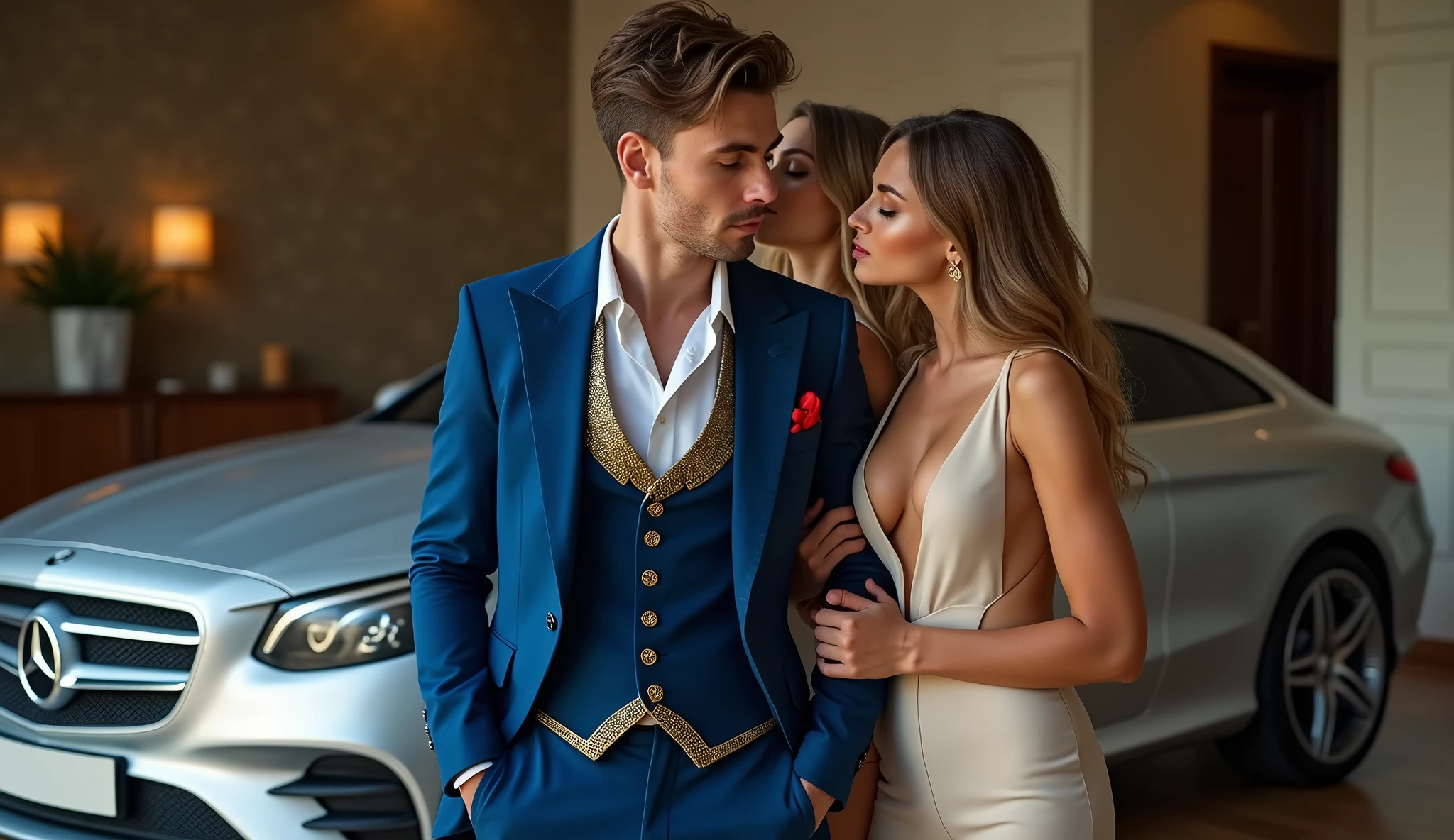 A charismatic young magician, blue formal dress with gold, with jewelry and dollars coming out of his pocket, is standing confidently. Next to you, two stunning women, dressed in sophisticated and minimalist clothes, super sexy both kissing the man's cheek, representing wealth and attraction, showing their entire bodies down to their high heeled feet. Ao fundo, a high-end silver MERCEDES BENS car, like a Porsche are featured, highlighting a life of wealth and luxury. The scene captures the essence of magical opulence and financial success., with each element emphasizing ultra-royal wealth and prestige, money, wealth, might, dollars, gold