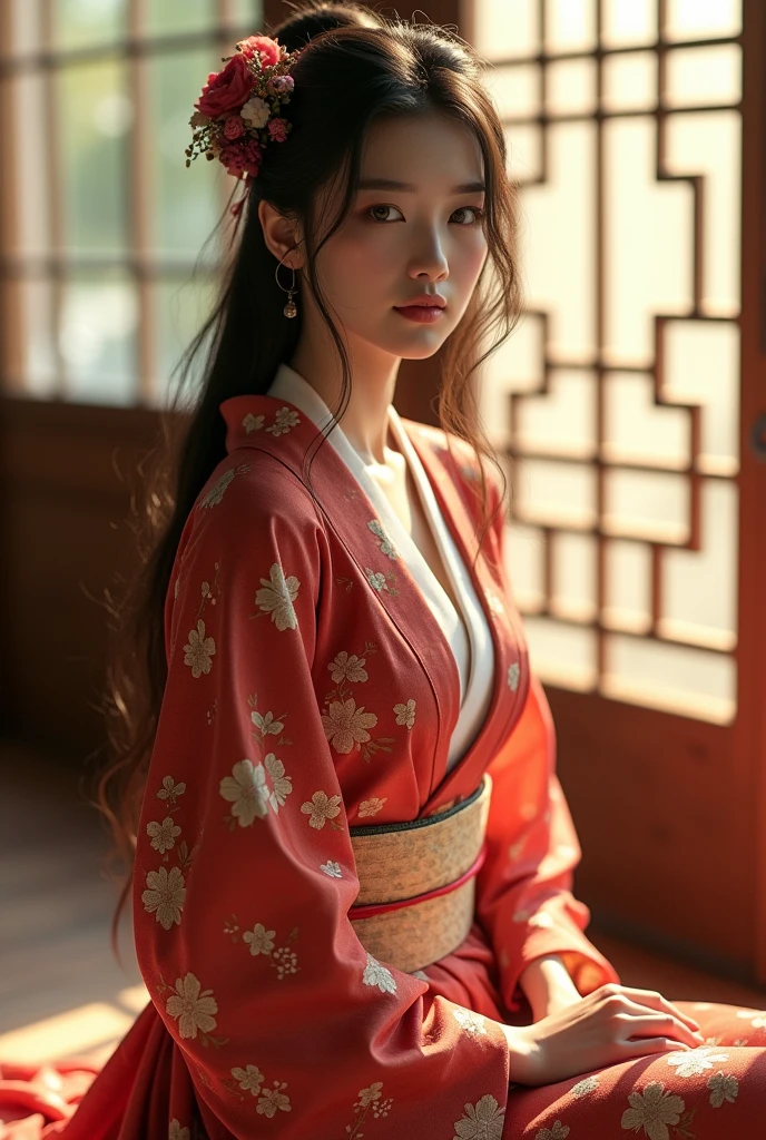 tall asian girl masterpiece, The best quality, Ultra-high resolution, High detail photo, Unity 8K Wallpaper, Extremely detailed CG:1.2), depth of field, bokeh, (RAW photo:1.realistic photography:1.4), (1girl:1.5), young, physically based representation, beautiful, (Finely detailed face:1.4, detailed clothing), (detailed:1.4) named (Eimi Fukada:1.1) BREAK Cara hermosa, depth of field, Add layer, hyperrealistic, 27 years old, perfect body model, perfect breasts, 175cm tall, pose sexy, full body, Whole body, Model Body Type, BREAK (kimono:1.3), (Long hair:1.2), double eyelid, BREAK (sitting on the ground: 1.5), living room
