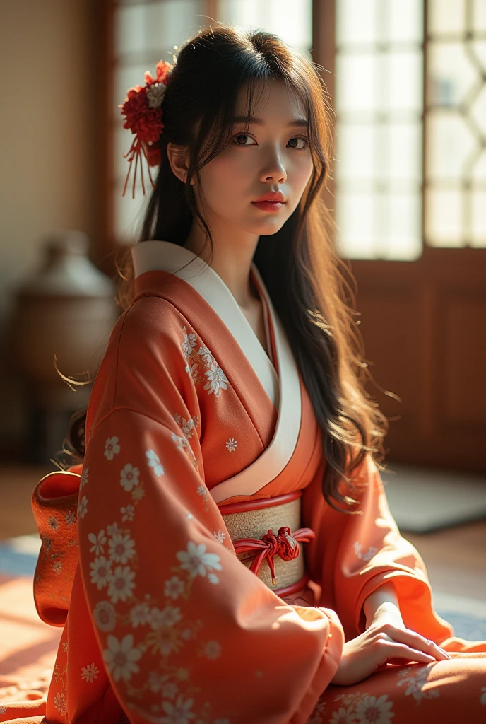 tall asian girl masterpiece, The best quality, Ultra-high resolution, High detail photo, Unity 8K Wallpaper, Extremely detailed CG:1.2), depth of field, bokeh, (RAW photo:1.realistic photography:1.4), (1girl:1.5), young, physically based representation, beautiful, (Finely detailed face:1.4, detailed clothing), (detailed:1.4) named (Eimi Fukada:1.1) BREAK Cara hermosa, depth of field, Add layer, hyperrealistic, 27 years old, perfect body model, perfect breasts, 175cm tall, pose sexy, full body, Whole body, Model Body Type, BREAK (kimono:1.3), (Long hair:1.2), double eyelid, BREAK (sitting on the ground: 1.5), living room
