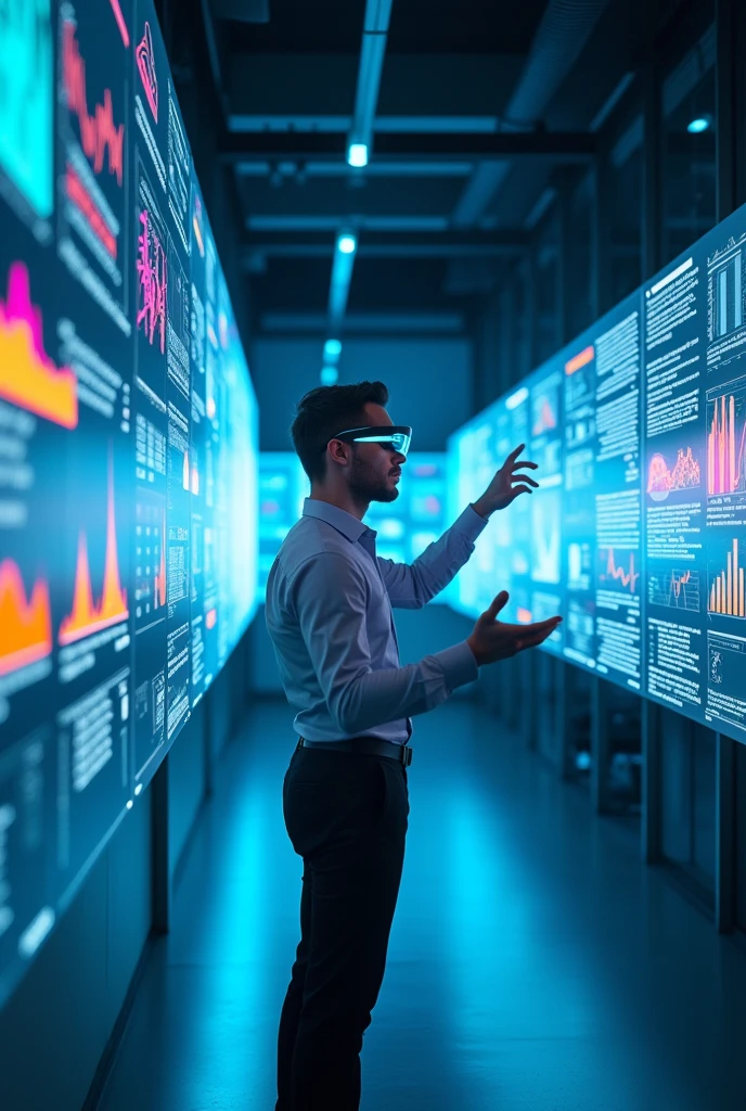 For a futuristic look: "A man, wearing augmented reality glasses, is immersed in a futuristic work environment. He interacts with floating screen holograms, analyzing complex data in an office with a minimalist design and neon lights."