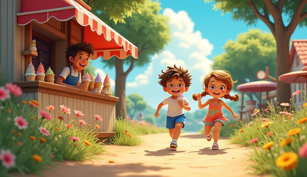 A and a run happly to the ice cream man in very hot day in a village