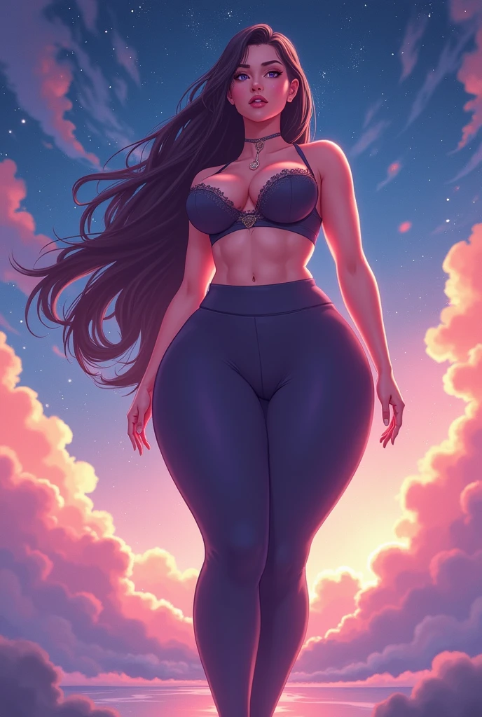 Anime, Extremely thick and curvy goddess with wide hips and thick thighs and large thick legs, and thick butt with Extremely large breasts with tight yoga pants on and no bra on sticking out her thick plump curvy round butt Wearing lingerie