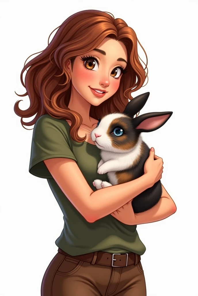 Illustration 2D sur fond blanc. Lapin nain tricolore écaille de tortue, poils de la tête plus longs, très petites oreilles, yeux vairon bleu et marron, tête blanche.
Il est dans les bras d'une femme, cheveux longs bouclés châtain avec dégradé blond, yeux noisettes, t-shirt vert militaire et pantalon d’équitation marron