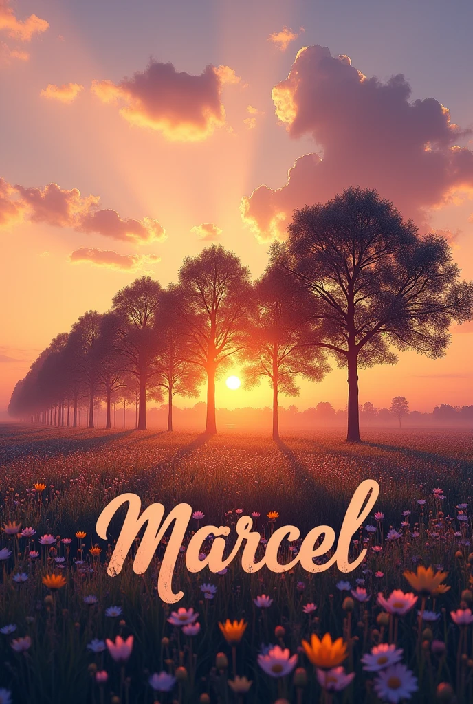 Imagine a serene landscape at sunset, where the sky is painted in warm and gentle hues. on the horizon, a row of tall, leafy trees is visible, Whose leaves whisper in the wind. Spotlight, in the soft light of twilight, Name "Marcel" it is written in elegant cursive script, surrounded by delicate wildflowers in pastel shades. The ensemble creates a sense of peace and beauty, honoring the name of Marcel in a natural and harmonious setting.