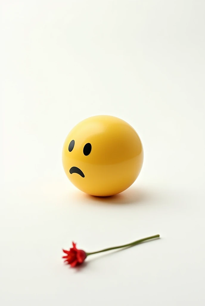 White background with a yellow emoji with only the head, no body, with his head down, Grieving, only his back is seen going towards the background, a red flower on the ground in the foreground, as if they had just ended a relationship and left the flower behind