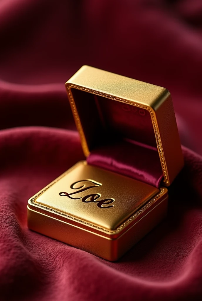 Create a plain gold earring box, open and closed, with the name ZOE