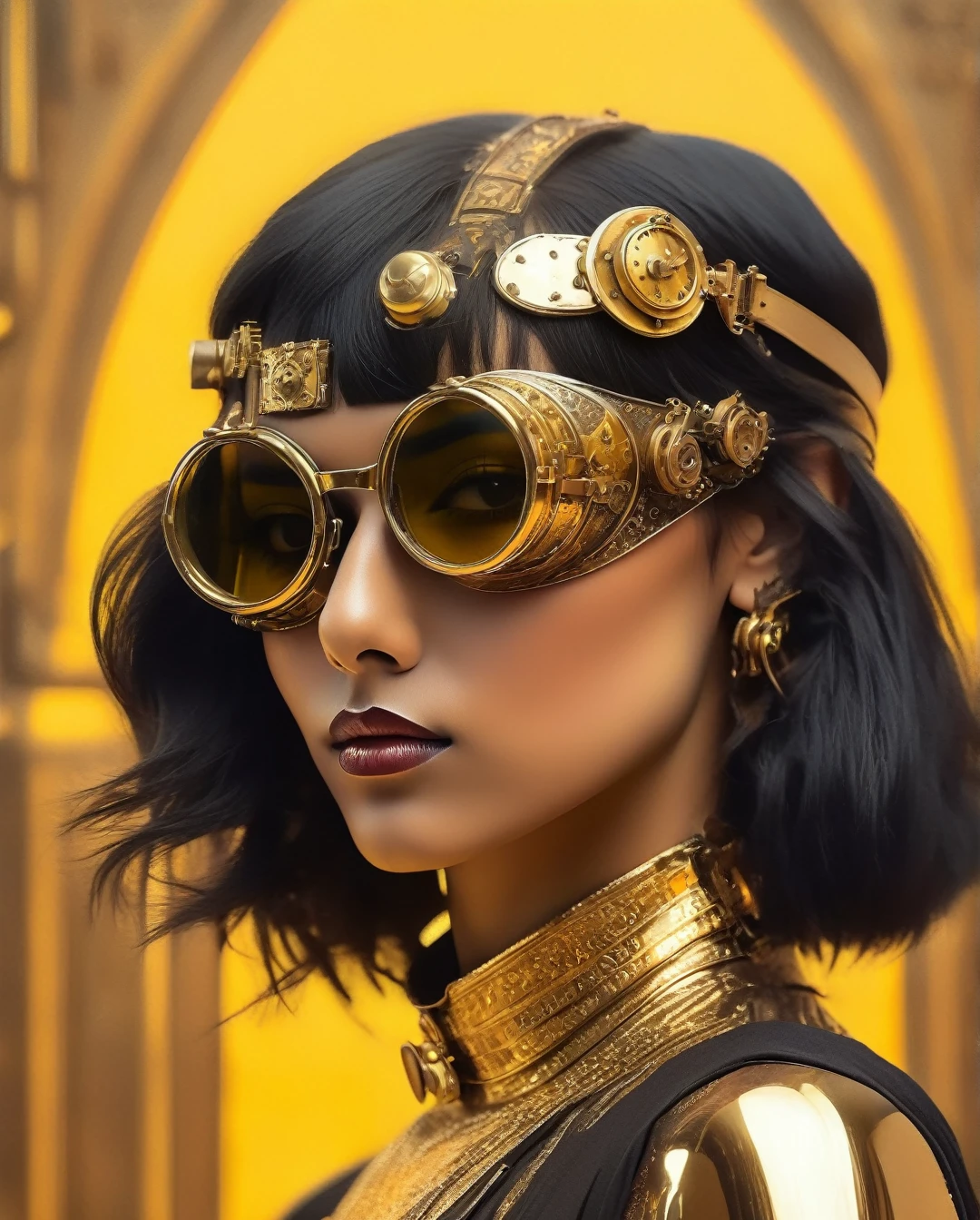 (masterpiece, 4k ,ultra detailed,raw photo:1.2),illustration,
(Beautiful Saudi Arabian girl with black bangs, wearing silver chrome reflective steampunk goggles, ultra-realistic textured skin, exhaling smoke, Renaissance-era steampunk aesthetic, close-up macro photography, side-angle portrait, golden hour,,.,,),
(simple background:black and yellow background1.4),
(symmetry:1.2),
(art deco:1.4),
(retro-futuristic:1.4),
(minimalism:1.4),
(clean:1.4),
(flat_color:1.4),
(cyberpunk,android:1.4),
CCDDA Artstyle
