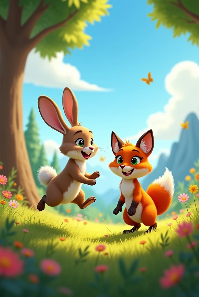 Create a Pixar-style image of a rabbit and a fox