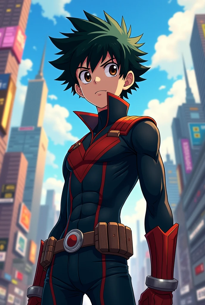 Screenshot of ager boy with the anime style about My Hero Academy, black hair, brown eyes, tall, handsome, thin and with a black superhero clothes