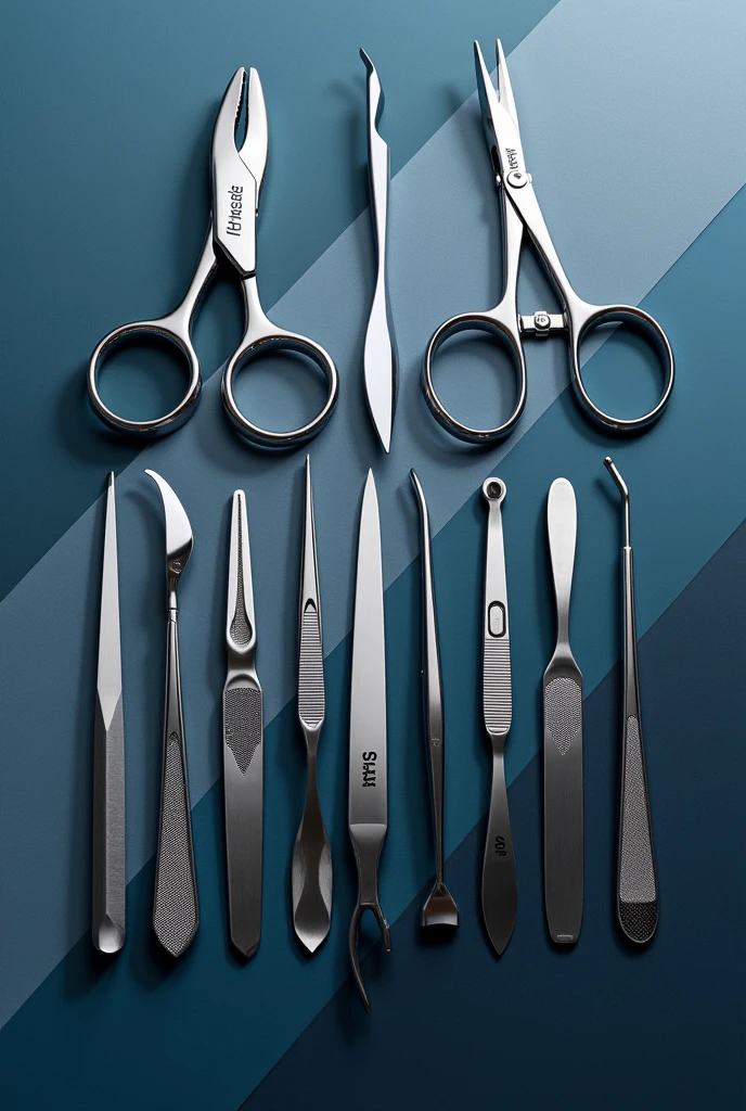 Multiple cutting tools. Place 2 large cuticle nippers, 1 small scissors, some spatulas, knives, scalpel etc. Clean and abstract image background with dark colors, preferably blue and gray. Chromed and clean tools. Diagonal overhead view