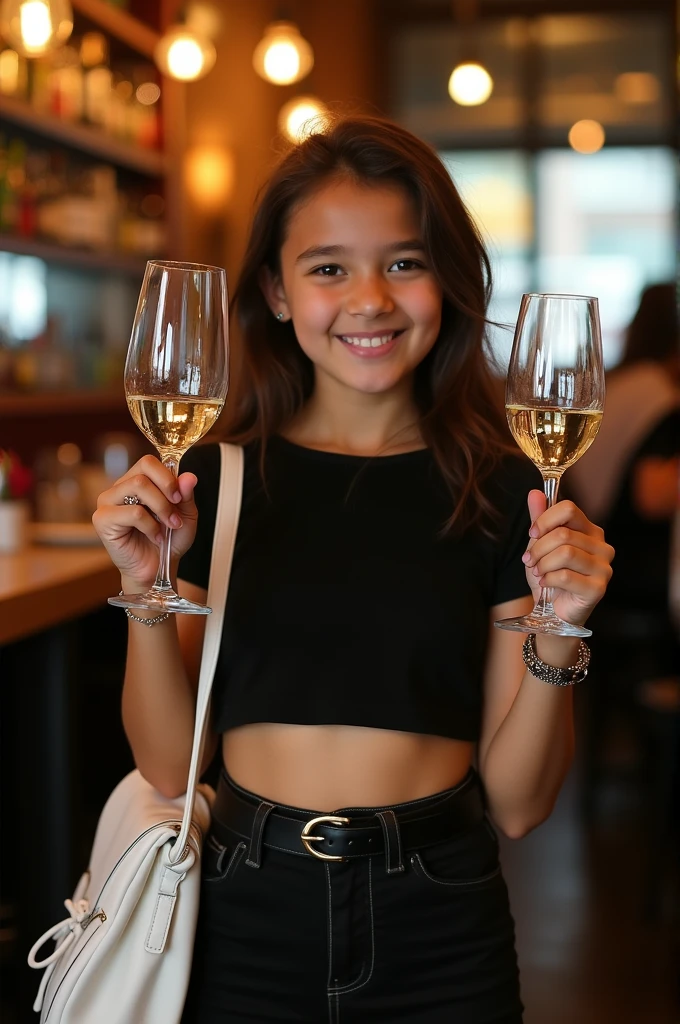 13 year old girl with brown eyes, wine glasses, black crop top, white bag, black high heels 