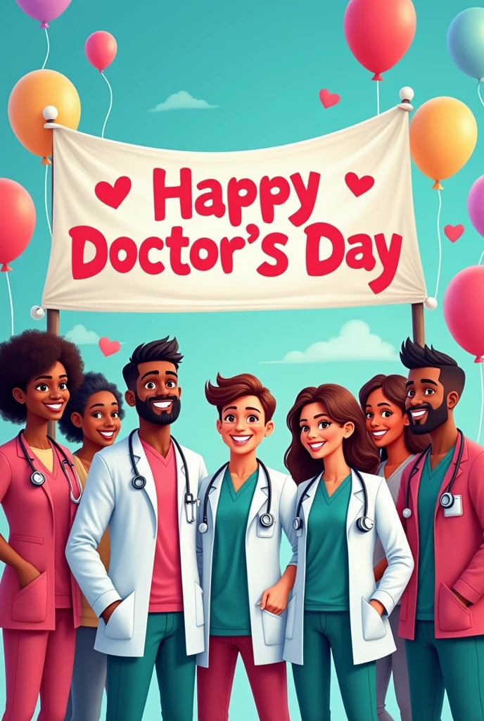 I need an image about Doctor's Day that says: "Happy Doctor's Day". with people of mixed race and all races. cartoon. For an Instagram post.