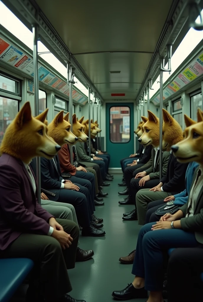 Men in bus looking at women, harassing women . Men have dog face and human body